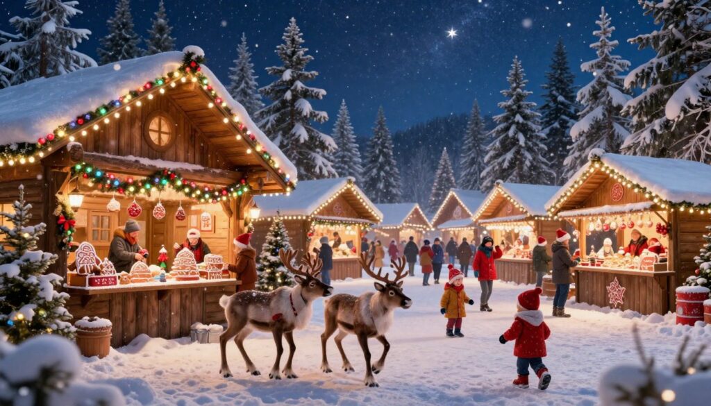 A picturesque winter scene depicting the attractions of Santa Claus Village throughout the year. In the foreground, a cozy wooden cabin draped in colorful twinkling lights, with snow gently falling around it. There are playful reindeer and cheerful families enjoying various festive activities, wearing warm clothing. In the middle ground, a vibrant Christmas market with stalls selling handmade ornaments and gingerbread, bustling with visitors and cheerful holiday decorations. The background features pine trees dusted with snow, and a glowing night sky filled with stars. The atmosphere is joyful and magical, reminiscent of holiday spirit. Soft, warm lighting enhances the enchanting scene, capturing the essence of a year-round festive wonderland. A picturesque winter scene depicting the attractions of Santa Claus Village throughout the year. In the foreground, a cozy wooden cabin draped in colorful twinkling lights, with snow gently falling around it. There are playful reindeer and cheerful families enjoying various festive activities, wearing warm clothing. In the middle ground, a vibrant Christmas market with stalls selling handmade ornaments and gingerbread, bustling with visitors and cheerful holiday decorations. The background features pine trees dusted with snow, and a glowing night sky filled with stars. The atmosphere is joyful and magical, reminiscent of holiday spirit. Soft, warm lighting enhances the enchanting scene, capturing the essence of a year-round festive wonderland.