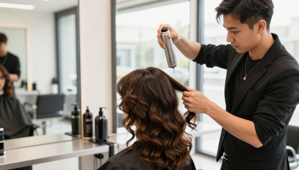 A professional hairstylist demonstrating advanced hair techniques in a modern salon setting. In the foreground, focus on the stylist, dressed in stylish yet professional business attire, skillfully applying a volumizing spray to model's hair, showcasing the 'bombka cieniowana' hairstyle. The stylist has a confident, concentrated expression, emphasizing expertise. In the middle ground, the model's hair is elegantly styled, appearing voluminous and textured, with soft waves and tapered ends. The background features sleek salon equipment, mirrors reflecting light, and bright, natural daylight streaming through large windows, creating an inviting atmosphere. Aim for a warm, inspiring mood that highlights professionalism and creativity in hairstyling.