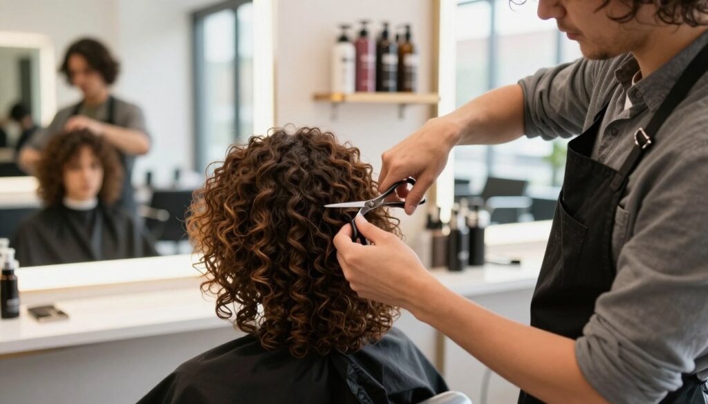 A professional hairstylist in a bright, airy salon demonstrating various techniques for cutting curly hair. In the foreground, the stylist is using scissors to shape shoulder-length hair, showcasing defined curls and layers. The middle ground features a well-lit vanity mirror reflecting the stylist’s focused expression and a shelf stocked with hair products. The background is softly blurred, displaying an elegant salon with large windows allowing natural light to pour in, creating a warm and inviting atmosphere. The soft glow highlights the curls' texture and shine, enhancing the mood of creativity and expertise. The stylist is dressed in a smart black apron over a casual shirt, ensuring a polished yet approachable look.
