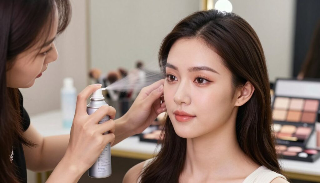 A professional makeup artist applying a setting spray to a model’s face after completing her makeup look, emphasizing the theme of long-lasting beauty. The foreground features the artist carefully misting the setting spray from a stylish spray bottle, their focus evident. In the middle, the model has a flawless makeup application showcasing radiant skin, subtle contouring, and vibrant eye makeup, with her hair styled elegantly. The background is softly blurred, hinting at a well-lit makeup studio filled with makeup palettes and brushes. The lighting is soft and warm, creating an inviting atmosphere that highlights the delicate features of the model. Capture a sense of professionalism and creativity, evoking the importance of makeup setting techniques in achieving a lasting look.