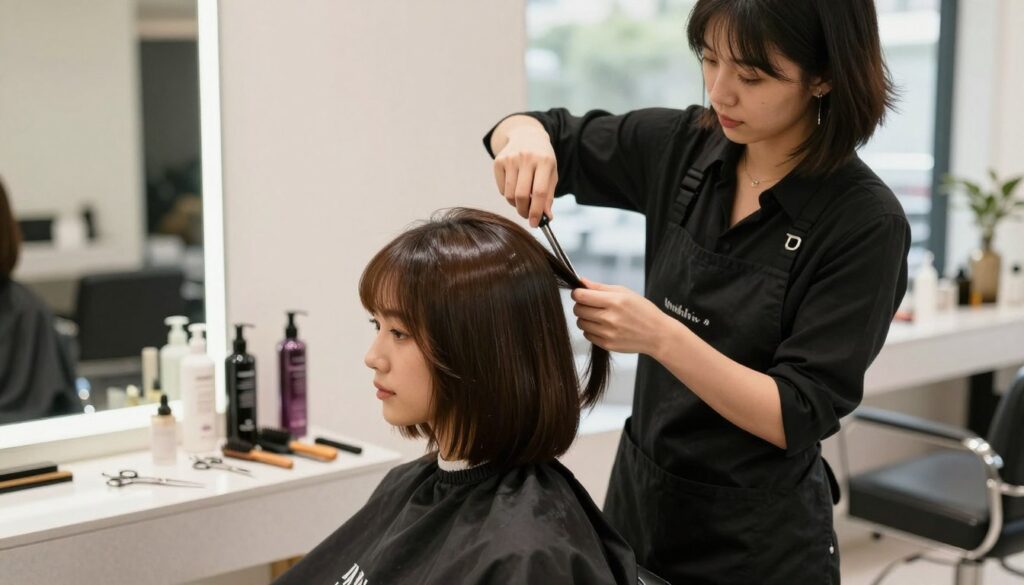 A professional stylist in a well-lit beauty salon is meticulously trimming a shoulder-length bob hairstyle on a model. The stylist, dressed in a chic black apron over a simple blouse, is focused on maintaining the hair’s health and shape. The model, with a serene expression, has glossy hair that showcases the layers and shine—ideal for illustrating hair care techniques. Surrounding them, elegant salon tools—scissors, brushes, and haircare products—are neatly arranged on a countertop. Soft, natural lighting streams in from a large window, creating a warm and inviting atmosphere. The background features a subtle blur of salon decor, emphasizing the intimate, professional environment dedicated to hair care. A professional stylist in a well-lit beauty salon is meticulously trimming a shoulder-length bob hairstyle on a model. The stylist, dressed in a chic black apron over a simple blouse, is focused on maintaining the hair’s health and shape. The model, with a serene expression, has glossy hair that showcases the layers and shine—ideal for illustrating hair care techniques. Surrounding them, elegant salon tools—scissors, brushes, and haircare products—are neatly arranged on a countertop. Soft, natural lighting streams in from a large window, creating a warm and inviting atmosphere. The background features a subtle blur of salon decor, emphasizing the intimate, professional environment dedicated to hair care.