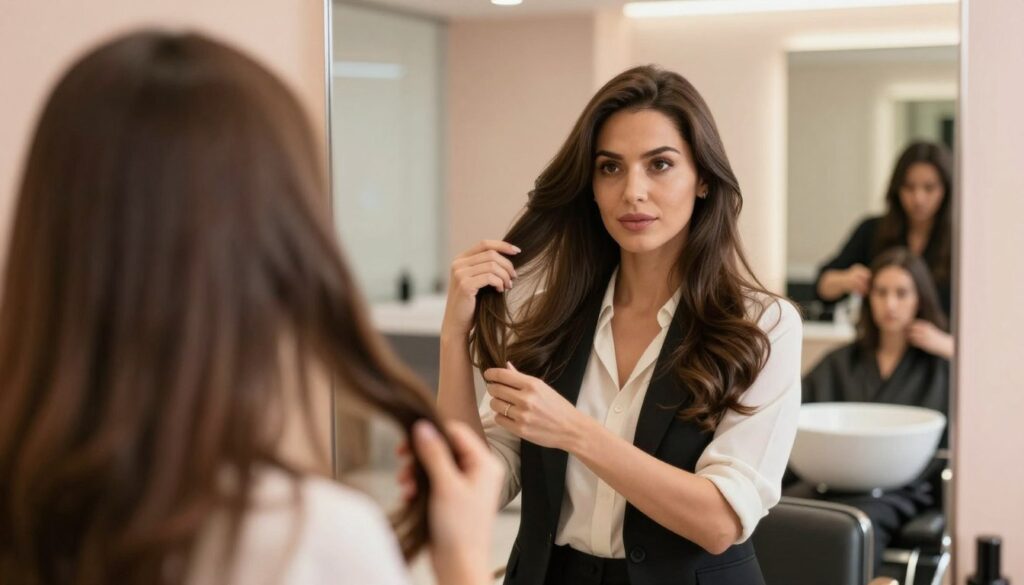 A professional woman with long, flowing hair styled elegantly, standing in front of a large mirror in a well-lit salon. The woman, dressed in a smart business attire, is examining herself while gently parting her hair to showcase the effect of hair length on her facial features. The foreground features close-up details of hair texture and movement. The middle ground highlights the salon’s chic interior, with soft pastel colors and contemporary decor. In the background, a blurred view of other patrons receiving hair treatments adds depth. The lighting is soft and warm, creating an inviting atmosphere. Focus on capturing the essence of how hair length influences the overall appearance and style. Emphasize sophistication and professionalism in the image. A professional woman with long, flowing hair styled elegantly, standing in front of a large mirror in a well-lit salon. The woman, dressed in a smart business attire, is examining herself while gently parting her hair to showcase the effect of hair length on her facial features. The foreground features close-up details of hair texture and movement. The middle ground highlights the salon’s chic interior, with soft pastel colors and contemporary decor. In the background, a blurred view of other patrons receiving hair treatments adds depth. The lighting is soft and warm, creating an inviting atmosphere. Focus on capturing the essence of how hair length influences the overall appearance and style. Emphasize sophistication and professionalism in the image.