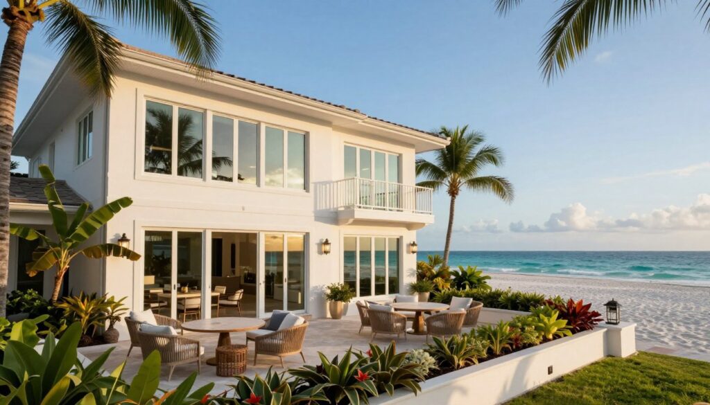 A scenic view of Delray Beach Dom, capturing the charm of a luxurious beach house in Delray Beach, Florida. In the foreground, an elegant terrace adorned with tropical plants and comfortable outdoor furniture, inviting relaxation and social gatherings. The middle ground features the stunning facade of the beach house with large windows reflecting the sun's warm glow, showcasing a modern architectural style. The background showcases the pristine white sandy beach and calm turquoise waters under a clear blue sky. Soft sunlight bathes the scene, creating a serene and inviting atmosphere. The image should be captured from a low angle to emphasize the house's grandeur and the beauty of the surroundings, evoking a sense of tranquility and luxury living by the beach. A scenic view of Delray Beach Dom, capturing the charm of a luxurious beach house in Delray Beach, Florida. In the foreground, an elegant terrace adorned with tropical plants and comfortable outdoor furniture, inviting relaxation and social gatherings. The middle ground features the stunning facade of the beach house with large windows reflecting the sun's warm glow, showcasing a modern architectural style. The background showcases the pristine white sandy beach and calm turquoise waters under a clear blue sky. Soft sunlight bathes the scene, creating a serene and inviting atmosphere. The image should be captured from a low angle to emphasize the house's grandeur and the beauty of the surroundings, evoking a sense of tranquility and luxury living by the beach.