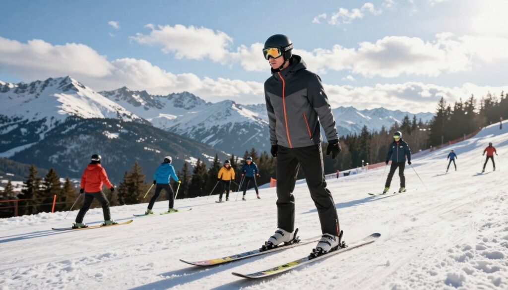A scenic view of Piotr Żyła, a professional ski jumper, standing confidently on a snow-covered slope surrounded by the breathtaking Tatra Mountains. In the foreground, he is dressed in a stylish and professional winter sports outfit with a jacket and ski goggles, representing his connection to the region. The middle ground features other skiers gracefully navigating the slopes, while a bright blue sky, dotted with soft clouds, fills the background. The sunlight casts a warm glow on the snowy landscape, creating a lively and energetic atmosphere that highlights the influence of the natural surroundings on his sports career. The image captures a moment of focus and determination, embodying the essence of high-level athletic training in a picturesque mountainous setting.