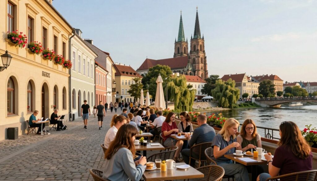 A scenic view of Rezi's favorite spots in Wrocław, showcasing a vibrant urban atmosphere. In the foreground, highlight a cozy outdoor café with the tables occupied by people in casual attire enjoying coffee and pastries. The middle layer should depict a picturesque cobblestone street lined with charming historical buildings adorned with colorful flowers in window boxes. Include local artists painting and musicians performing, reflecting the lively culture of the city. In the background, feature the iconic Wrocław Cathedral and a serene river with willow trees, capturing the essence of the city's beauty. Soft, golden sunlight illuminates the scene, creating a warm and inviting mood, with a slight depth of field to focus on the café while keeping the surroundings slightly blurred. A scenic view of Rezi's favorite spots in Wrocław, showcasing a vibrant urban atmosphere. In the foreground, highlight a cozy outdoor café with the tables occupied by people in casual attire enjoying coffee and pastries. The middle layer should depict a picturesque cobblestone street lined with charming historical buildings adorned with colorful flowers in window boxes. Include local artists painting and musicians performing, reflecting the lively culture of the city. In the background, feature the iconic Wrocław Cathedral and a serene river with willow trees, capturing the essence of the city's beauty. Soft, golden sunlight illuminates the scene, creating a warm and inviting mood, with a slight depth of field to focus on the café while keeping the surroundings slightly blurred.