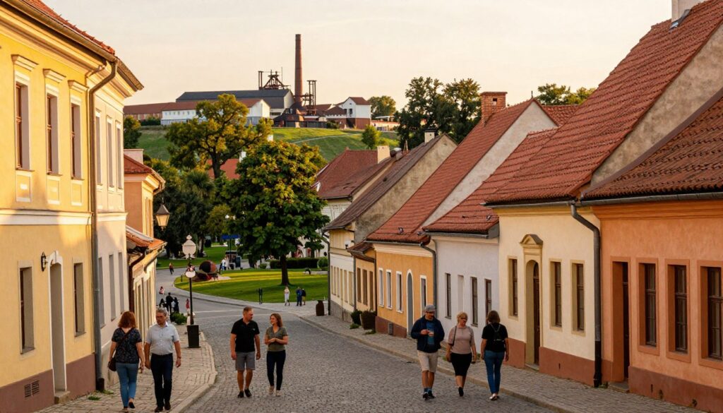 A scenic view of Siemianowice Śląskie, capturing the essence of this vibrant Silesian city. In the foreground, include a charming street lined with traditional Silesian architecture, showcasing distinct facades in warm earth tones. Add people in modest, casual clothing walking and engaging in conversation, reflecting community life. In the middle ground, highlight green parks and lush trees, symbolizing the blend of urban and natural landscapes. The background should feature industrial buildings subtly hinting at the region's historical ties to industry, under a soft, evening golden light that casts long shadows. The overall mood is warm and inviting, embodying a sense of heritage and creativity, ideal for illustrating the influence of Silesian roots on artistic expression. A scenic view of Siemianowice Śląskie, capturing the essence of this vibrant Silesian city. In the foreground, include a charming street lined with traditional Silesian architecture, showcasing distinct facades in warm earth tones. Add people in modest, casual clothing walking and engaging in conversation, reflecting community life. In the middle ground, highlight green parks and lush trees, symbolizing the blend of urban and natural landscapes. The background should feature industrial buildings subtly hinting at the region's historical ties to industry, under a soft, evening golden light that casts long shadows. The overall mood is warm and inviting, embodying a sense of heritage and creativity, ideal for illustrating the influence of Silesian roots on artistic expression.