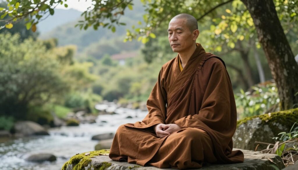 A serene and contemplative setting featuring an authentic-looking monk. The foreground shows a middle-aged monk with a shaved head and traditional brown robes, seated in a meditative posture on a soft, moss-covered stone. His expression is calm and wise, embodying tranquility. In the middle ground, lush green trees frame the scene, while dappled sunlight filters through the leaves, creating a warm and inviting atmosphere. The background includes a gently flowing stream and distant mountains shrouded in mist, emphasizing the peaceful environment. The image captures a soft, natural light, with a focus on the monk's facial features and serene demeanor. The angle is slightly elevated, providing a clear view of the monk engaged in meditation, fostering a sense of authenticity and spirituality. A serene and contemplative setting featuring an authentic-looking monk. The foreground shows a middle-aged monk with a shaved head and traditional brown robes, seated in a meditative posture on a soft, moss-covered stone. His expression is calm and wise, embodying tranquility. In the middle ground, lush green trees frame the scene, while dappled sunlight filters through the leaves, creating a warm and inviting atmosphere. The background includes a gently flowing stream and distant mountains shrouded in mist, emphasizing the peaceful environment. The image captures a soft, natural light, with a focus on the monk's facial features and serene demeanor. The angle is slightly elevated, providing a clear view of the monk engaged in meditation, fostering a sense of authenticity and spirituality.