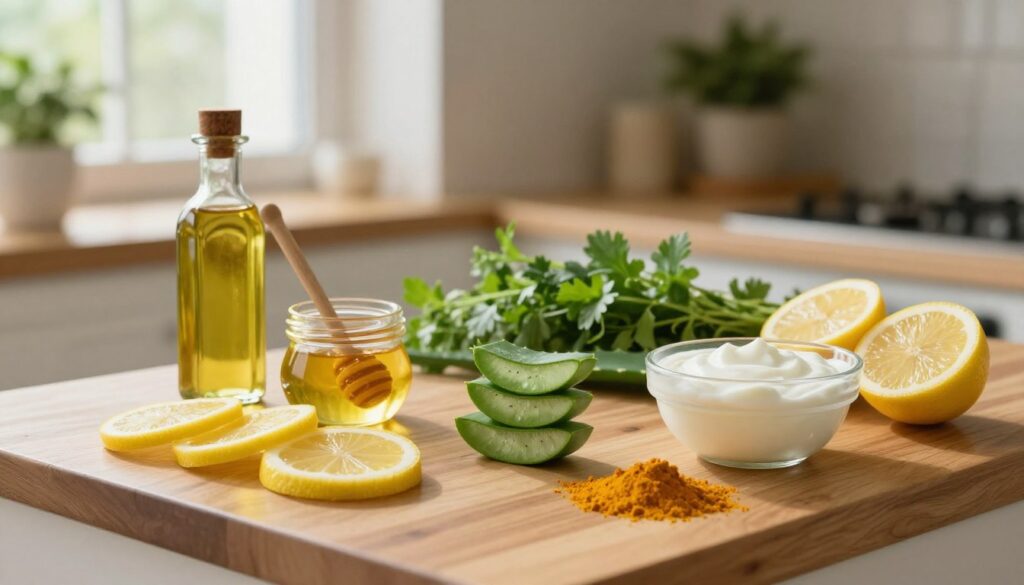 A serene and inviting kitchen scene, showcasing a wooden countertop adorned with various natural ingredients known for their skin-lightening properties, such as lemon slices, honey, aloe vera gel, and turmeric powder. In the foreground, a bottle of olive oil and a small bowl of yogurt are elegantly placed to highlight their roles in skincare. The middle ground features a subtle arrangement of lush green herbs, adding freshness. Soft, natural lighting spills in from a nearby window, creating a warm and inviting atmosphere. The background reveals indoor plants, emphasizing a holistic approach to beauty. The overall mood is calm and nurturing, conveying the essence of using natural ingredients for gentle and safe makeup removal. A serene and inviting kitchen scene, showcasing a wooden countertop adorned with various natural ingredients known for their skin-lightening properties, such as lemon slices, honey, aloe vera gel, and turmeric powder. In the foreground, a bottle of olive oil and a small bowl of yogurt are elegantly placed to highlight their roles in skincare. The middle ground features a subtle arrangement of lush green herbs, adding freshness. Soft, natural lighting spills in from a nearby window, creating a warm and inviting atmosphere. The background reveals indoor plants, emphasizing a holistic approach to beauty. The overall mood is calm and nurturing, conveying the essence of using natural ingredients for gentle and safe makeup removal.