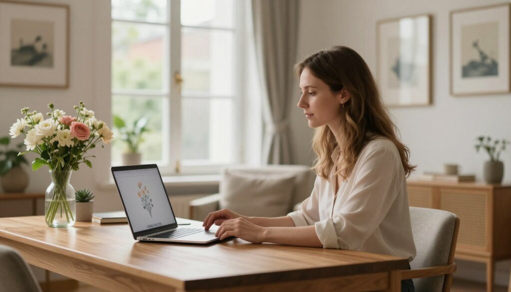A serene and inviting living space, showcasing a cozy private home that represents Róża Thun's personal life. In the foreground, a beautifully arranged home office with elegant wooden furniture, a laptop displaying a simple floral wallpaper, and a vase of fresh flowers. The middle ground features a comfortable armchair nestled beside a large window, allowing soft, natural light to fill the room. On the walls, tasteful art prints reflect a creative touch, suggesting a warm atmosphere. The background reveals hints of greenery through the window, possibly a garden or quiet neighborhood street, enhancing the feeling of tranquility and privacy. The overall mood is calm and professional, encouraging a sense of reflection and serenity. The image should exhibit soft, inviting lighting with a slight depth of field focusing on the desk area. A serene and inviting living space, showcasing a cozy private home that represents Róża Thun's personal life. In the foreground, a beautifully arranged home office with elegant wooden furniture, a laptop displaying a simple floral wallpaper, and a vase of fresh flowers. The middle ground features a comfortable armchair nestled beside a large window, allowing soft, natural light to fill the room. On the walls, tasteful art prints reflect a creative touch, suggesting a warm atmosphere. The background reveals hints of greenery through the window, possibly a garden or quiet neighborhood street, enhancing the feeling of tranquility and privacy. The overall mood is calm and professional, encouraging a sense of reflection and serenity. The image should exhibit soft, inviting lighting with a slight depth of field focusing on the desk area.
