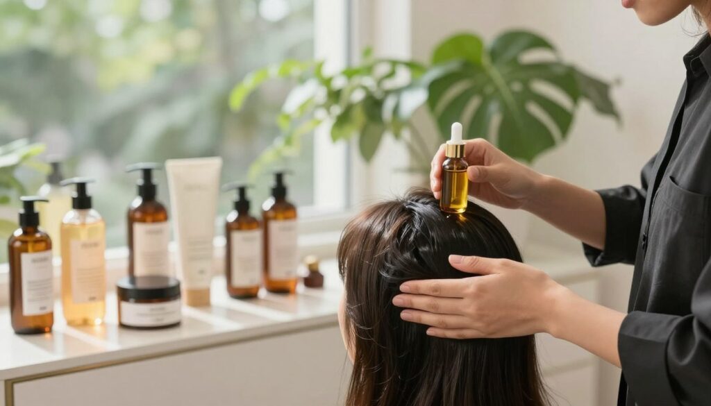 A serene and inviting scene focusing on scalp and hair care. In the foreground, a professional stylist, dressed in smart casual attire, gently massages a client’s scalp with nourishing oils, showcasing a close-up of healthy, shiny hair. The middle layer features a neatly organized array of hair care products, including shampoos, conditioners, and scalp treatments, artfully arranged on a minimalist vanity. In the background, soft, natural lighting filters through large windows, illuminating lush green plants that enhance the tranquil atmosphere. The overall mood is soothing and rejuvenating, emphasizing the importance of scalp and hair health. The composition should be well-balanced, ensuring the details of the products and the stylist's technique are clearly visible. A serene and inviting scene focusing on scalp and hair care. In the foreground, a professional stylist, dressed in smart casual attire, gently massages a client’s scalp with nourishing oils, showcasing a close-up of healthy, shiny hair. The middle layer features a neatly organized array of hair care products, including shampoos, conditioners, and scalp treatments, artfully arranged on a minimalist vanity. In the background, soft, natural lighting filters through large windows, illuminating lush green plants that enhance the tranquil atmosphere. The overall mood is soothing and rejuvenating, emphasizing the importance of scalp and hair health. The composition should be well-balanced, ensuring the details of the products and the stylist's technique are clearly visible.