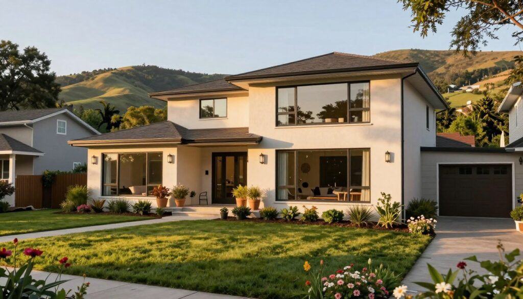 A serene and inviting view of a modern, stylish home nestled in a vibrant suburban neighborhood. In the foreground, a well-manicured lawn with blooming flowers leads to an elegant front porch adorned with potted plants. The middle section features the house itself, showcasing contemporary architecture with large glass windows reflecting the sunlight, emphasizing an atmosphere of warmth and accessibility. In the background, gentle rolling hills and lush trees create a sense of tranquility. The scene is bathed in golden hour lighting, casting soft shadows and enhancing the inviting ambiance. Capture the essence of a beloved internet creator’s residence, blending comfort and creativity seamlessly, in a wide-angle shot that draws the viewer into the vibrant life within. A serene and inviting view of a modern, stylish home nestled in a vibrant suburban neighborhood. In the foreground, a well-manicured lawn with blooming flowers leads to an elegant front porch adorned with potted plants. The middle section features the house itself, showcasing contemporary architecture with large glass windows reflecting the sunlight, emphasizing an atmosphere of warmth and accessibility. In the background, gentle rolling hills and lush trees create a sense of tranquility. The scene is bathed in golden hour lighting, casting soft shadows and enhancing the inviting ambiance. Capture the essence of a beloved internet creator’s residence, blending comfort and creativity seamlessly, in a wide-angle shot that draws the viewer into the vibrant life within.