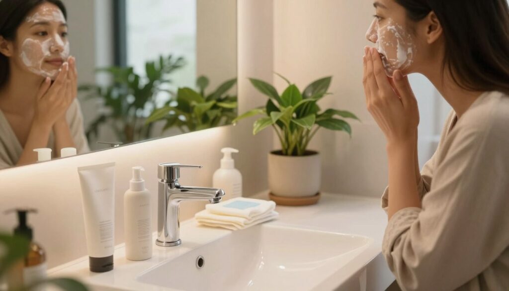 A serene bathroom setting featuring a modern sink with elegant skincare products for a two-step facial cleansing routine. In the foreground, a stylish woman in modest casual clothing is gently applying a facial oil to her face. The middle of the image showcases a beautiful array of cleansing items: a cleanser, facial wipes, and a soft washcloth on the sink's edge. In the background, a large mirror reflects lush plants and soft, natural light filtering through a window, creating a calming atmosphere. The lighting is warm and inviting, enhancing the tranquility of the scene. The overall mood conveys a sense of self-care and gentle beauty rituals, emphasizing the importance of thorough cleansing without irritation.