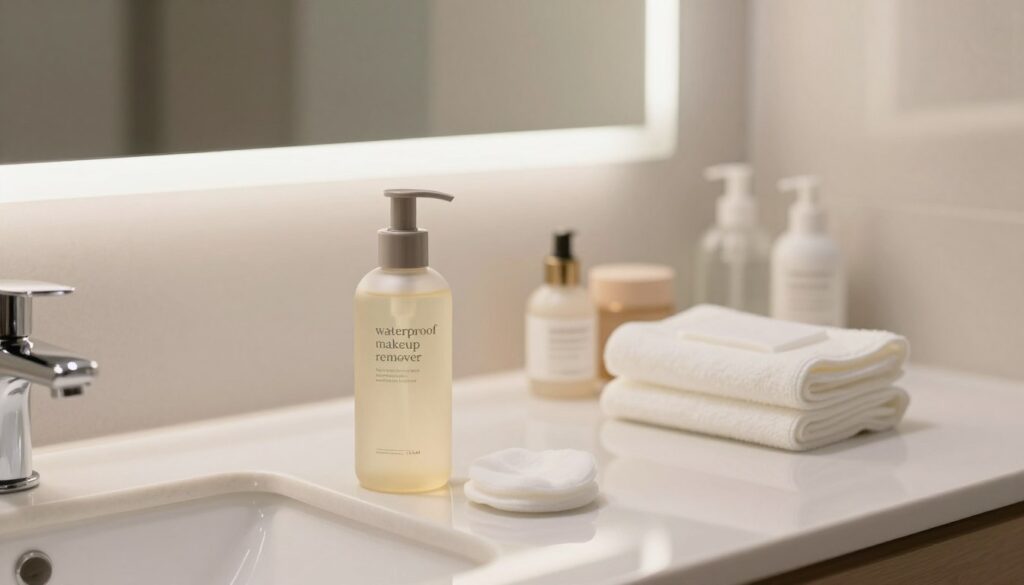 A serene bathroom setting featuring a modern vanity countertop with various skincare and makeup removal products. In the foreground, a bottle labeled "waterproof makeup remover" with elegant design and subtle lighting. A cotton pad rests nearby, hinting at its use. The middle ground showcases a well-organized array of other items, including cleansing wipes and facial towels, arranged aesthetically. The background reveals a softly lit mirror reflecting soft, ambient light, enhancing the cleanliness of the space. The overall mood is calm and soothing, reflecting a routine dedicated to gentle skin care. The image should convey a sense of precision and care in removing waterproof makeup without irritation, showcasing a luxurious yet approachable atmosphere.