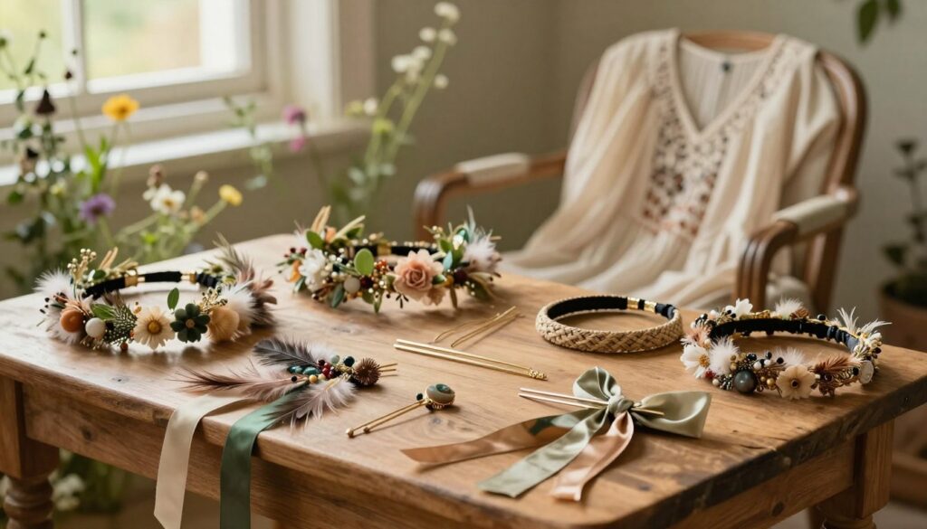 A serene boho hair accessory display, featuring an assortment of delicate hairpins, floral crowns, and woven headbands, arranged elegantly on a rustic wooden table. In the foreground, focus on intricately designed accessories embellished with feathers, beads, and silk ribbons, showcasing earthy tones of green, brown, and cream. In the middle ground, a soft-focus bohemian-style dress is draped over a vintage chair, hinting at the casual, relaxed vibe. The background features blooming wildflowers and gentle greenery, creating a natural setting that invites tranquility. Warm, diffused sunlight filters through a nearby window, casting a gentle glow over the scene, enhancing the dreamy, romantic atmosphere perfect for highlighting boho hairstyles. A serene boho hair accessory display, featuring an assortment of delicate hairpins, floral crowns, and woven headbands, arranged elegantly on a rustic wooden table. In the foreground, focus on intricately designed accessories embellished with feathers, beads, and silk ribbons, showcasing earthy tones of green, brown, and cream. In the middle ground, a soft-focus bohemian-style dress is draped over a vintage chair, hinting at the casual, relaxed vibe. The background features blooming wildflowers and gentle greenery, creating a natural setting that invites tranquility. Warm, diffused sunlight filters through a nearby window, casting a gentle glow over the scene, enhancing the dreamy, romantic atmosphere perfect for highlighting boho hairstyles.