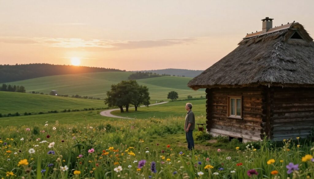 A serene countryside scene depicting Janusz Rewiński in a peaceful, rural setting. In the foreground, show a modest wooden house with a thatched roof, surrounded by lush green fields and colorful wildflowers. Rewiński himself, dressed in modest casual clothing, stands thoughtfully, gazing towards the horizon. In the middle ground, there's a winding dirt path leading to a small grove of trees, suggesting solitude and tranquility. In the background, gently rolling hills fade into a soft sunset, casting warm golden light across the landscape. The atmosphere is calm and reflective, evoking a sense of harmony with nature and the choice to live away from the bustling city life. The angle is low, capturing both Rewiński and the breathtaking scenery, with a depth of field that highlights the beauty of the rural lifestyle. A serene countryside scene depicting Janusz Rewiński in a peaceful, rural setting. In the foreground, show a modest wooden house with a thatched roof, surrounded by lush green fields and colorful wildflowers. Rewiński himself, dressed in modest casual clothing, stands thoughtfully, gazing towards the horizon. In the middle ground, there's a winding dirt path leading to a small grove of trees, suggesting solitude and tranquility. In the background, gently rolling hills fade into a soft sunset, casting warm golden light across the landscape. The atmosphere is calm and reflective, evoking a sense of harmony with nature and the choice to live away from the bustling city life. The angle is low, capturing both Rewiński and the breathtaking scenery, with a depth of field that highlights the beauty of the rural lifestyle.