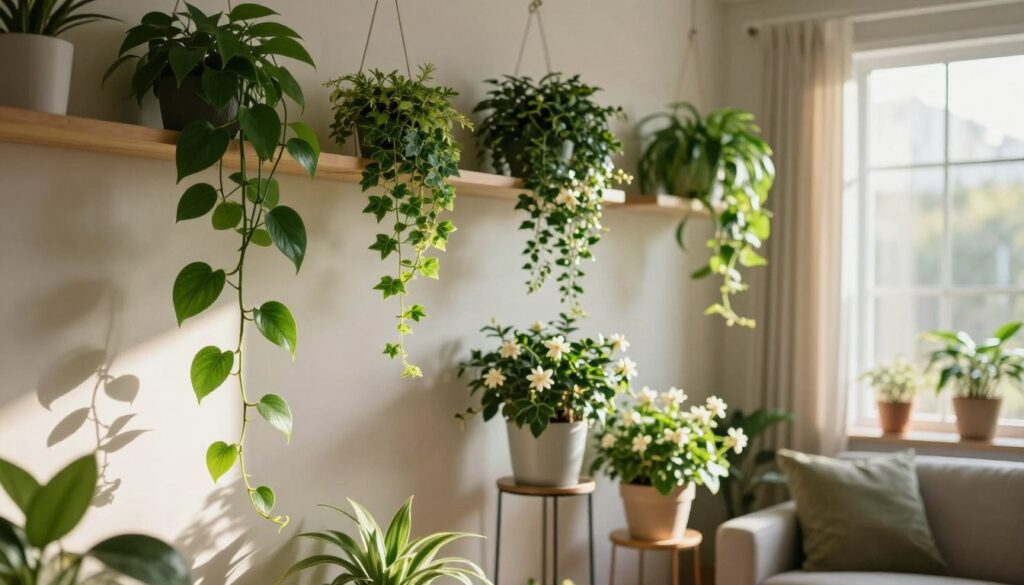 A serene indoor setting featuring an array of hanging and climbing plants, creating a lush green tapestry. In the foreground, elegantly cascading vines with vibrant green leaves, such as pothos and philodendrons, drape over modern shelves. In the middle, pots of flowering climbing plants, like ivy and jasmine, are arranged on stylish plant stands, showcasing their blooms. The background captures a softly lit living room with neutral-toned walls and large windows allowing gentle sunlight to filter in, casting soft shadows. The atmosphere is calm and inviting, emphasizing the beauty of indoor greenery. The image is well-composed, with a warm color palette and soft focus, enhancing the tranquil mood.