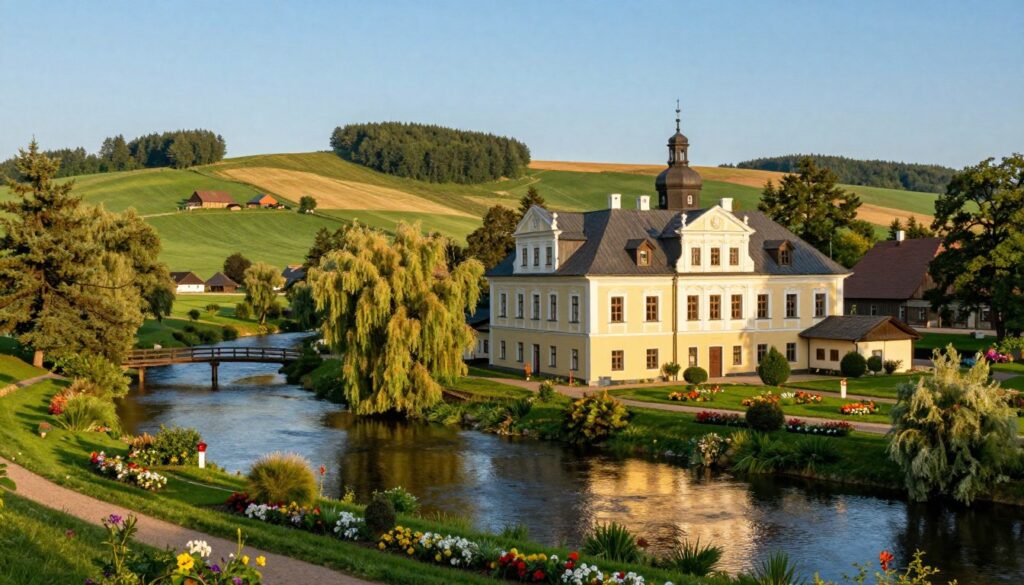 A serene landscape depicting the Mazowieckie region of Poland. In the foreground, a traditional Polish mansion, showcasing elegant architecture, surrounded by lush greenery and colorful flower gardens, reflecting local culture. In the middle ground, a gentle river flows, with willows leaning over the banks, and a small wooden bridge crossing it. The background features rolling hills, dotted with rustic farms and patches of forest, under a clear blue sky with soft, warm sunlight illuminating the scene. The atmosphere is tranquil and inviting, suggesting a deep connection to the land and heritage. This picturesque setting should evoke a sense of nostalgia and pride in local roots, while maintaining a peaceful and idyllic mood.
