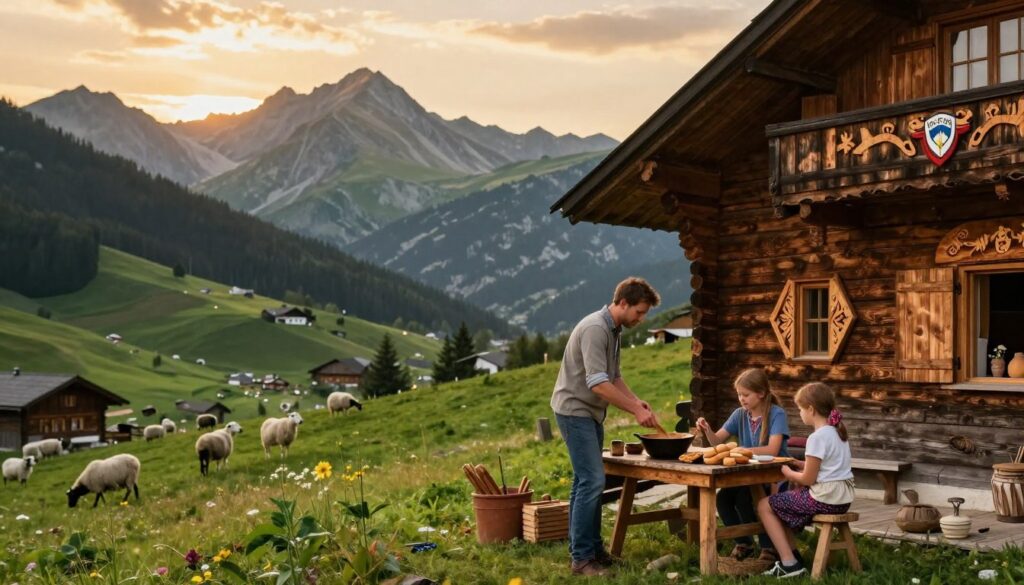 A serene mountain scene depicting the private life of a ski jumper, focusing on Kamil Stoch’s connection to his roots. In the foreground, a modest wooden house with traditional Goral architecture, adorned with hand-carved decorations. Kamil Stoch, dressed in casual yet modest clothing, is shown engaging in a family activity, such as cooking or crafting, alongside local children, representing community spirit. The middle ground features lush green hills and grazing sheep, highlighting pastoral life. In the background, majestic Tatra Mountains under a golden sunset sky, casting warm light and long shadows, creating a tranquil and inviting atmosphere. The angle captures the warmth of family life intertwined with rich Goral traditions, emphasizing harmony and connection to the land. A serene mountain scene depicting the private life of a ski jumper, focusing on Kamil Stoch’s connection to his roots. In the foreground, a modest wooden house with traditional Goral architecture, adorned with hand-carved decorations. Kamil Stoch, dressed in casual yet modest clothing, is shown engaging in a family activity, such as cooking or crafting, alongside local children, representing community spirit. The middle ground features lush green hills and grazing sheep, highlighting pastoral life. In the background, majestic Tatra Mountains under a golden sunset sky, casting warm light and long shadows, creating a tranquil and inviting atmosphere. The angle captures the warmth of family life intertwined with rich Goral traditions, emphasizing harmony and connection to the land.