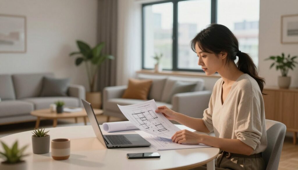 A serene scene depicting a modern living space, symbolizing new beginnings after a breakup. In the foreground, a stylish woman in modest casual clothing is reviewing architectural plans while seated at a minimalist desk with a laptop and open blueprints. In the middle ground, a cozy living room features soft lighting, comfortable furniture, and plants, reflecting a peaceful atmosphere. The background showcases a window with a cityscape view, hinting at an urban environment. The lighting is warm and inviting, casting gentle shadows, emphasizing a hopeful mood. The image captures the essence of transition and planning for a fresh start in a new home. A serene scene depicting a modern living space, symbolizing new beginnings after a breakup. In the foreground, a stylish woman in modest casual clothing is reviewing architectural plans while seated at a minimalist desk with a laptop and open blueprints. In the middle ground, a cozy living room features soft lighting, comfortable furniture, and plants, reflecting a peaceful atmosphere. The background showcases a window with a cityscape view, hinting at an urban environment. The lighting is warm and inviting, casting gentle shadows, emphasizing a hopeful mood. The image captures the essence of transition and planning for a fresh start in a new home.