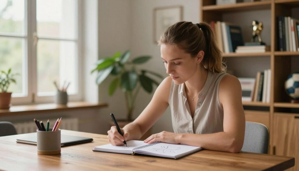 A serene scene of Magda Linette in her cozy home setting, reflecting her private life and interests outside of tennis. In the foreground, Magda is seated at a stylish wooden table, wearing a simple yet elegant casual outfit, focused on sketching designs or writing in a notebook. The middle ground features a well-organized bookshelf filled with sports memorabilia and books, showcasing her diverse interests, and a potted plant adding a touch of nature. In the background, soft light filters through a large window, creating a warm and inviting atmosphere. The overall mood is peaceful and introspective, highlighting her personality beyond the tennis court, with a shallow depth of field focusing on her engaged expression. The lighting is soft and diffused, enhancing the tranquility of the space.