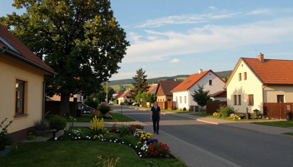 A serene suburban scene in Siemianowice Śląskie, Poland, showcasing a cozy residential neighborhood. In the foreground, a charming house with a well-kept garden featuring colorful flowers and a small pathway. On one side, a mature tree provides shade. In the middle ground, a few modest houses line a quiet street, with a person walking by in professional attire, adding a touch of life to the scene. In the background, soft rolling hills and a clear blue sky with wispy clouds provide a peaceful backdrop. The lighting is warm and inviting, suggesting late afternoon. The overall atmosphere is tranquil and slightly mysterious, reflecting the theme of secrecy surrounding Palion's residence. A serene suburban scene in Siemianowice Śląskie, Poland, showcasing a cozy residential neighborhood. In the foreground, a charming house with a well-kept garden featuring colorful flowers and a small pathway. On one side, a mature tree provides shade. In the middle ground, a few modest houses line a quiet street, with a person walking by in professional attire, adding a touch of life to the scene. In the background, soft rolling hills and a clear blue sky with wispy clouds provide a peaceful backdrop. The lighting is warm and inviting, suggesting late afternoon. The overall atmosphere is tranquil and slightly mysterious, reflecting the theme of secrecy surrounding Palion's residence.