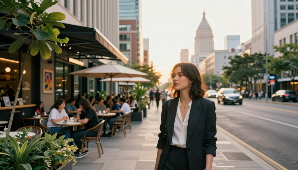 A serene urban scene capturing the artistic essence of a prominent female singer, symbolizing the impact of location on her career and personal life. In the foreground, the artist, elegantly dressed in a stylish yet professional outfit, stands thoughtfully on a vibrant city street, surrounded by modern architecture and greenery. The middle ground features a bustling café filled with patrons, where art and music coexist harmoniously, reflecting her influences. In the background, iconic landmarks are visible, representing her connection to various places. Soft, golden hour lighting bathes the scene, creating a warm, inviting atmosphere that highlights creativity and inspiration. The angle is slightly elevated, offering a captivating view of both the street and the skyline, enhancing the mood of reflection and artistic pursuit.