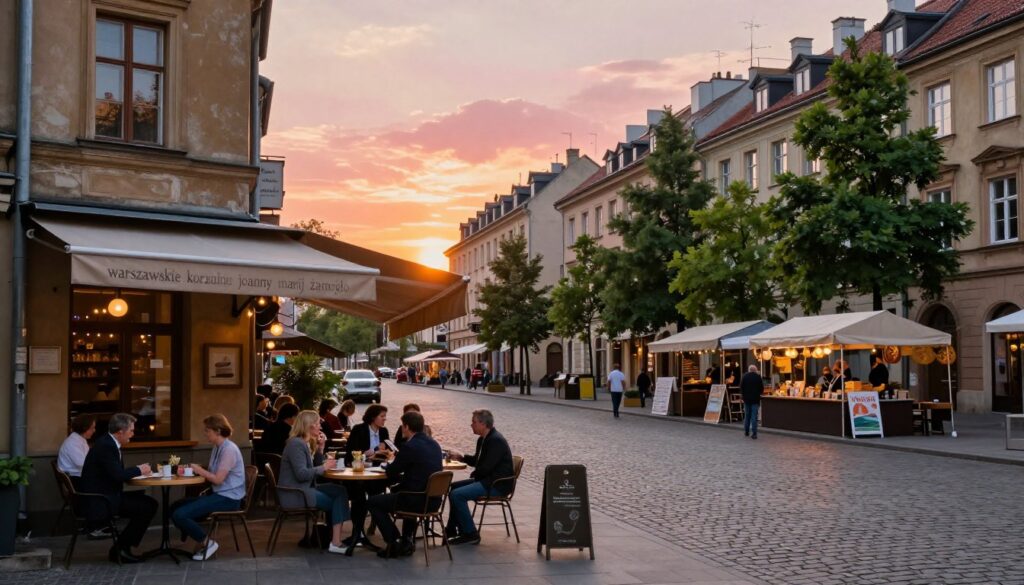 A serene urban scene depicting the essence of "warszawskie korzenie joanny marii żamojdo". In the foreground, a modest, family-friendly café with a vintage Polish architecture, lively with café tables and people enjoying their time, dressed in professional attire. In the middle ground, a tree-lined street characteristic of Warsaw, featuring iconic buildings and subtle signs of local culture, like art sculptures and market stalls. The background showcases a soft sunset, casting warm orange and pink hues over the skyline while creating gentle reflections on the cobblestone streets. Use soft, natural lighting to enhance the atmosphere of nostalgia and community, captured from a slightly elevated angle for depth. The mood is inviting and warm, evoking a sense of heritage and connection to family roots in Warsaw. A serene urban scene depicting the essence of "warszawskie korzenie joanny marii żamojdo". In the foreground, a modest, family-friendly café with a vintage Polish architecture, lively with café tables and people enjoying their time, dressed in professional attire. In the middle ground, a tree-lined street characteristic of Warsaw, featuring iconic buildings and subtle signs of local culture, like art sculptures and market stalls. The background showcases a soft sunset, casting warm orange and pink hues over the skyline while creating gentle reflections on the cobblestone streets. Use soft, natural lighting to enhance the atmosphere of nostalgia and community, captured from a slightly elevated angle for depth. The mood is inviting and warm, evoking a sense of heritage and connection to family roots in Warsaw.