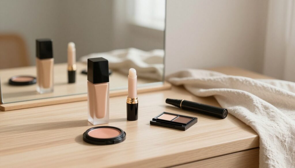 A serene vanity scene showcasing essential minimalist makeup products for a natural look. In the foreground, a neatly arranged collection of cosmetics: a sleek foundation bottle, a compact with a subtle blush, a clear lip balm, a small palette of neutral eyeshadows, and a delicate mascara tube. The middle section features a soft-focus mirror reflecting warm, natural light that highlights the products' elegant simplicity. In the background, a light wood table draped with a soft, pale linen cloth adds a touch of warmth and texture. The atmosphere is calm and inviting, embodying the essence of simplicity and refinement, with carefully controlled lighting that casts gentle shadows, enhancing the minimalist aesthetic. A serene vanity scene showcasing essential minimalist makeup products for a natural look. In the foreground, a neatly arranged collection of cosmetics: a sleek foundation bottle, a compact with a subtle blush, a clear lip balm, a small palette of neutral eyeshadows, and a delicate mascara tube. The middle section features a soft-focus mirror reflecting warm, natural light that highlights the products' elegant simplicity. In the background, a light wood table draped with a soft, pale linen cloth adds a touch of warmth and texture. The atmosphere is calm and inviting, embodying the essence of simplicity and refinement, with carefully controlled lighting that casts gentle shadows, enhancing the minimalist aesthetic.