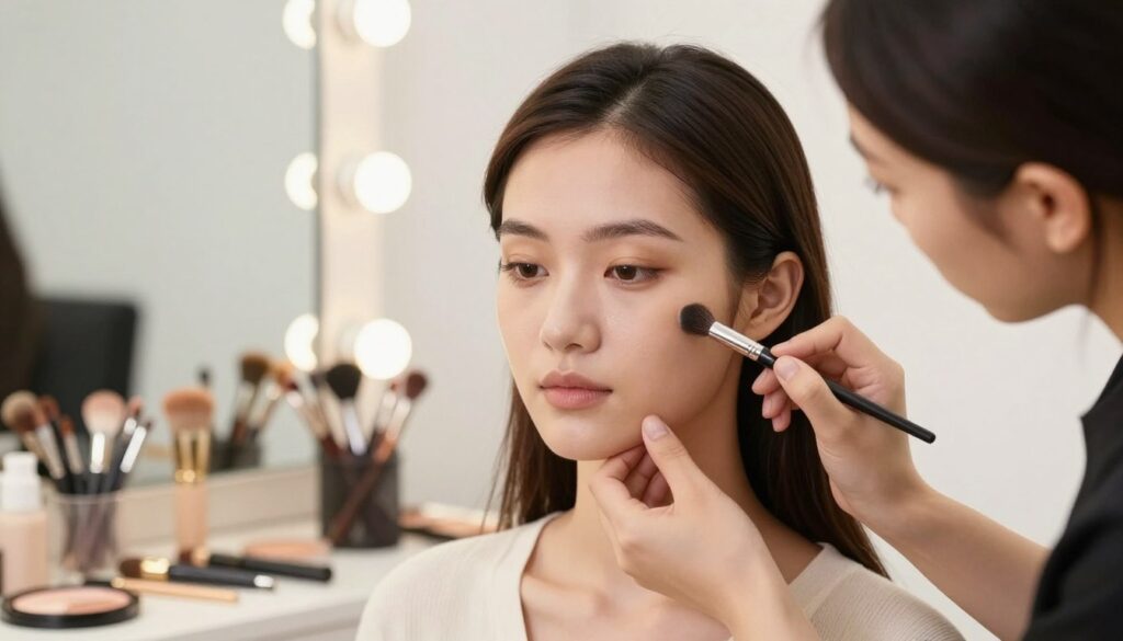 A skilled makeup artist applying shading techniques to a model with a square face, showcasing the art of contouring to soften angular features and enhance cheekbones. The model is seated in a bright, well-lit studio, surrounded by professional makeup tools, with a soft-focus background that highlights the artist’s delicate brush strokes. The lighting is warm and diffused, creating an inviting atmosphere, while a close-up angle emphasizes the intricate details of the makeup application. The artist wears professional attire, maintaining a clean and polished look. The scene captures the elegance of beauty techniques, evoking a sense of sophistication and creativity in everyday styling. A skilled makeup artist applying shading techniques to a model with a square face, showcasing the art of contouring to soften angular features and enhance cheekbones. The model is seated in a bright, well-lit studio, surrounded by professional makeup tools, with a soft-focus background that highlights the artist’s delicate brush strokes. The lighting is warm and diffused, creating an inviting atmosphere, while a close-up angle emphasizes the intricate details of the makeup application. The artist wears professional attire, maintaining a clean and polished look. The scene captures the elegance of beauty techniques, evoking a sense of sophistication and creativity in everyday styling.