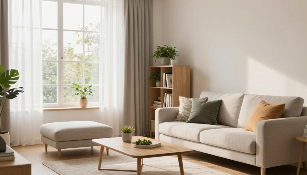 A small, modern living room in an apartment, featuring a cozy yet functional arrangement to illustrate optimizing space. In the foreground, a stylish sofa in light fabric, paired with a minimalist coffee table, and decorative cushions that add color. In the middle, a small bookshelf with neatly organized plants and books, enhancing the space without feeling cluttered. The background showcases large windows allowing natural light to flood in, with sheer curtains softly diffusing the sunlight, creating a warm atmosphere. The walls are painted in soft, neutral tones to further brighten the area. A subtle area rug outlines the seating space, making it feel inviting. The image captures a well-thought-out design that maximizes functionality while maintaining an airy and spacious feel. A small, modern living room in an apartment, featuring a cozy yet functional arrangement to illustrate optimizing space. In the foreground, a stylish sofa in light fabric, paired with a minimalist coffee table, and decorative cushions that add color. In the middle, a small bookshelf with neatly organized plants and books, enhancing the space without feeling cluttered. The background showcases large windows allowing natural light to flood in, with sheer curtains softly diffusing the sunlight, creating a warm atmosphere. The walls are painted in soft, neutral tones to further brighten the area. A subtle area rug outlines the seating space, making it feel inviting. The image captures a well-thought-out design that maximizes functionality while maintaining an airy and spacious feel.