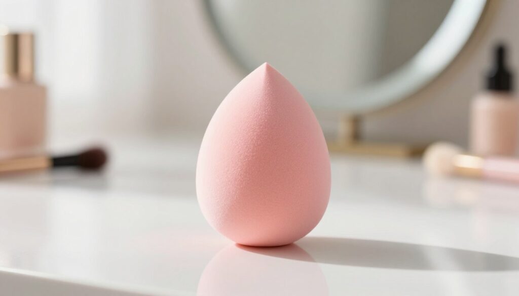 A soft-focus image of a beauty sponge against a light, airy background. The foreground features a vibrant, pastel-colored makeup sponge, perfectly shaped with a smooth texture, showcasing its versatility. The middle ground incorporates subtle reflections on a clean, glossy countertop, enhancing the idea of cleanliness and professionalism. In the background, a blurred vanity mirror with soft, natural light illuminates the scene, casting gentle shadows that enhance the sponge's contours. The atmosphere radiates calm and positivity, inspiring confidence in makeup application. Use a wide-angle lens to capture a serene, inviting ambiance, ensuring the focus remains on the beauty sponge, portraying it as an essential tool for achieving a flawless, natural makeup finish.