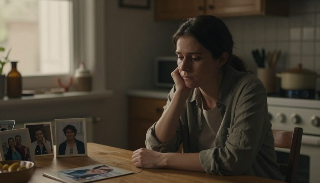 A somber, introspective scene depicting the impact of personal tragedy on daily life. In the foreground, a woman in modest, casual clothing sits alone at a kitchen table, her face showing contemplation and sadness. A dim, warm light filters through a window, casting soft shadows that enhance her pensive expression. In the middle ground, photographs of happier times are subtly placed around the room, hinting at loss and nostalgia. The background features a slightly cluttered but homey kitchen, with a hint of disarray to symbolize emotional turmoil. The overall atmosphere is melancholic yet reflective, emphasizing the transformative effect of grief on one’s surroundings and routine, captured through a shallow depth of field to focus on the subject. A somber, introspective scene depicting the impact of personal tragedy on daily life. In the foreground, a woman in modest, casual clothing sits alone at a kitchen table, her face showing contemplation and sadness. A dim, warm light filters through a window, casting soft shadows that enhance her pensive expression. In the middle ground, photographs of happier times are subtly placed around the room, hinting at loss and nostalgia. The background features a slightly cluttered but homey kitchen, with a hint of disarray to symbolize emotional turmoil. The overall atmosphere is melancholic yet reflective, emphasizing the transformative effect of grief on one’s surroundings and routine, captured through a shallow depth of field to focus on the subject.