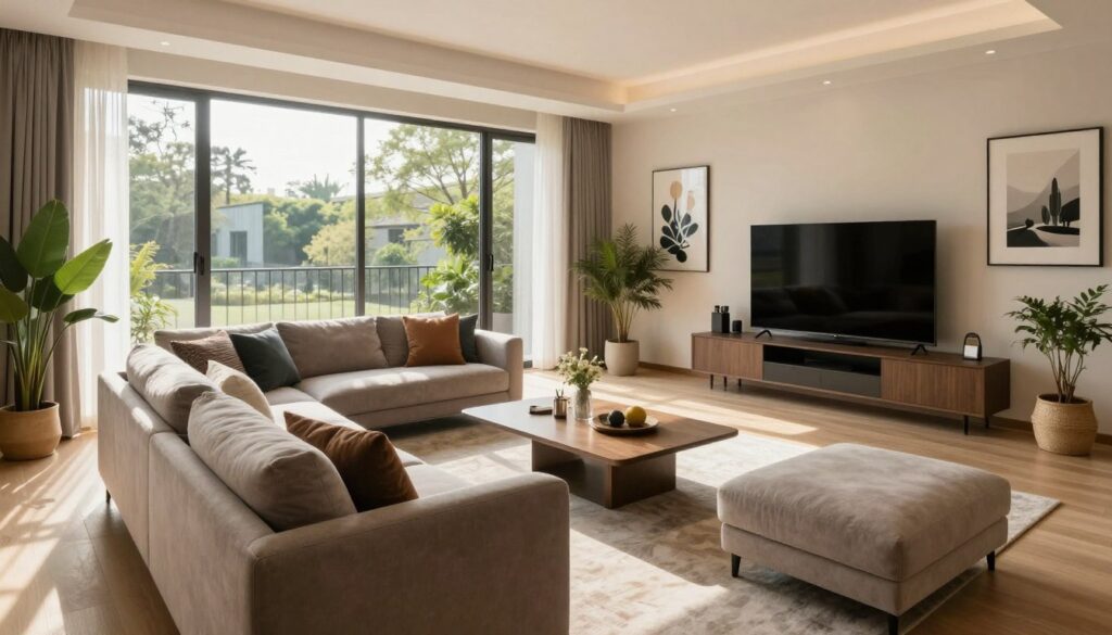 A sophisticated living room layout featuring a stylish corner sofa, positioned thoughtfully in relation to large windows and a modern television. The scene showcases a well-lit space with natural sunlight streaming through the windows, creating a warm and inviting atmosphere. In the foreground, the corner sofa is adorned with plush cushions in calming colors. The middle ground highlights a coffee table with tasteful decor, while subtle pathways are visible, promoting safe communication flow. The background includes contemporary artwork on the walls and potted plants that enhance the room’s tranquility. The composition is captured at eye level with a slightly wide-angle lens, emphasizing the room's spaciousness and harmony. The overall mood is serene and elegant, illustrating the principles of safe communication in a living area. A sophisticated living room layout featuring a stylish corner sofa, positioned thoughtfully in relation to large windows and a modern television. The scene showcases a well-lit space with natural sunlight streaming through the windows, creating a warm and inviting atmosphere. In the foreground, the corner sofa is adorned with plush cushions in calming colors. The middle ground highlights a coffee table with tasteful decor, while subtle pathways are visible, promoting safe communication flow. The background includes contemporary artwork on the walls and potted plants that enhance the room’s tranquility. The composition is captured at eye level with a slightly wide-angle lens, emphasizing the room's spaciousness and harmony. The overall mood is serene and elegant, illustrating the principles of safe communication in a living area.