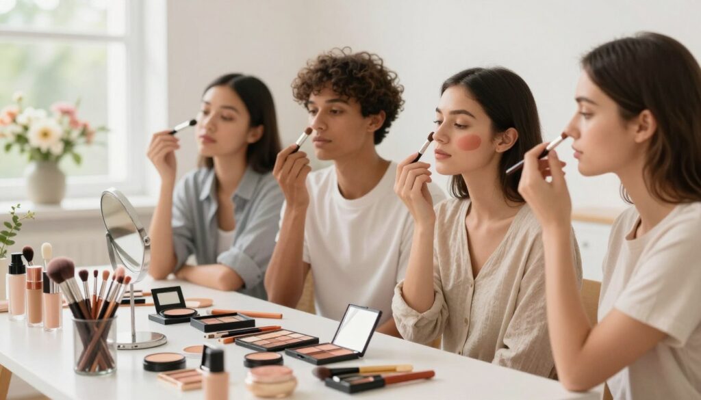 A step-by-step illustration of delicate makeup application in a serene, softly lit environment. In the foreground, display neatly organized makeup tools including brushes, palettes, and a mirror. In the middle, a diverse group of individuals with modest casual attire is engaged in applying makeup, showcasing various steps like foundation, blush, and eyeshadow application. Their expressions are focused yet relaxed, conveying a sense of beauty and confidence. The background features a softly blurred vanity area adorned with flowers and natural light streaming through a window, creating a warm and inviting atmosphere. The overall mood is gentle and empowering, highlighting the subtleties of enhancing natural beauty through makeup. A step-by-step illustration of delicate makeup application in a serene, softly lit environment. In the foreground, display neatly organized makeup tools including brushes, palettes, and a mirror. In the middle, a diverse group of individuals with modest casual attire is engaged in applying makeup, showcasing various steps like foundation, blush, and eyeshadow application. Their expressions are focused yet relaxed, conveying a sense of beauty and confidence. The background features a softly blurred vanity area adorned with flowers and natural light streaming through a window, creating a warm and inviting atmosphere. The overall mood is gentle and empowering, highlighting the subtleties of enhancing natural beauty through makeup.