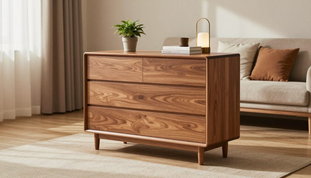 A stylish and well-organized komodzie (chest of drawers) set in a cozy, modern living room. In the foreground, the komodzie features a sleek design with a polished wood finish, minimalist decor accents like a small potted plant, a decorative lamp, and a few carefully placed books, showcasing elegance without clutter. The middle ground includes a comfortable area rug and a couple of meticulously arranged cushions on a nearby sofa, hinting at warmth and inviting comfort. The background presents soft, diffused lighting coming from a nearby window, casting gentle shadows and creating a serene atmosphere. The overall mood is calm and orderly, perfect for effortlessly blending practicality with aesthetic appeal, suitable for small spaces like hallways and bedrooms. A stylish and well-organized komodzie (chest of drawers) set in a cozy, modern living room. In the foreground, the komodzie features a sleek design with a polished wood finish, minimalist decor accents like a small potted plant, a decorative lamp, and a few carefully placed books, showcasing elegance without clutter. The middle ground includes a comfortable area rug and a couple of meticulously arranged cushions on a nearby sofa, hinting at warmth and inviting comfort. The background presents soft, diffused lighting coming from a nearby window, casting gentle shadows and creating a serene atmosphere. The overall mood is calm and orderly, perfect for effortlessly blending practicality with aesthetic appeal, suitable for small spaces like hallways and bedrooms.
