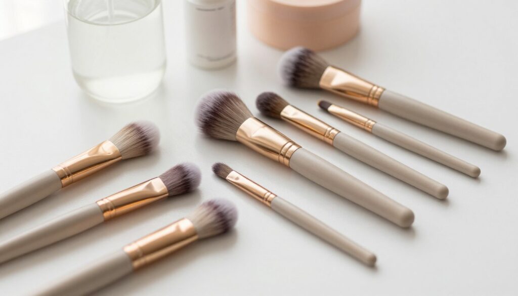 A stylish arrangement of various makeup brushes on a clean, soft white surface. The brushes vary in size and shape, showcasing their delicate bristles glistening under soft, natural light. In the background, a set of makeup cleaning products, such as a gentle cleanser and a brush holder, hint at the theme of proper cleaning techniques. The scene is captured from a slightly elevated angle, highlighting the elegant design and craftsmanship of the brushes, while creating a serene, inviting atmosphere. The overall color palette is soft and neutral, enhancing the focus on the tools of beauty, conveying a sense of sophistication and care in makeup maintenance. A stylish arrangement of various makeup brushes on a clean, soft white surface. The brushes vary in size and shape, showcasing their delicate bristles glistening under soft, natural light. In the background, a set of makeup cleaning products, such as a gentle cleanser and a brush holder, hint at the theme of proper cleaning techniques. The scene is captured from a slightly elevated angle, highlighting the elegant design and craftsmanship of the brushes, while creating a serene, inviting atmosphere. The overall color palette is soft and neutral, enhancing the focus on the tools of beauty, conveying a sense of sophistication and care in makeup maintenance.
