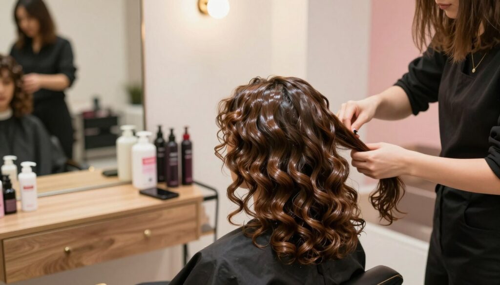 A stylish beauty salon interior with a focus on a female client having a "trwała ondulacja" (permanent wave) hairstyle treatment. In the foreground, the client has medium-length, glossy, voluminous curls, styled elegantly, and reflects a healthy shine. The hair technician, dressed in professional attire, gently applies products to her hair. In the middle background, a classic salon mirror reflects modern equipment and well-organized hair products, enhancing the vibrant atmosphere. The lighting is soft and warm, creating a welcoming ambiance. The image should evoke feelings of confidence and transformation, showcasing the beauty and suitability of permanent waves for various hair types. The angle should be slightly elevated, capturing both the client’s hairstyle and the professional salon environment. A stylish beauty salon interior with a focus on a female client having a "trwała ondulacja" (permanent wave) hairstyle treatment. In the foreground, the client has medium-length, glossy, voluminous curls, styled elegantly, and reflects a healthy shine. The hair technician, dressed in professional attire, gently applies products to her hair. In the middle background, a classic salon mirror reflects modern equipment and well-organized hair products, enhancing the vibrant atmosphere. The lighting is soft and warm, creating a welcoming ambiance. The image should evoke feelings of confidence and transformation, showcasing the beauty and suitability of permanent waves for various hair types. The angle should be slightly elevated, capturing both the client’s hairstyle and the professional salon environment.