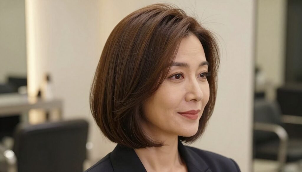 A stylish bob haircut specifically designed for a 40-year-old woman, showcasing an elegant volumizing effect on fine hair. The image features a woman with smooth, shoulder-length hair that gently frames her face and emphasizes her soft features, highlighting the youthful appearance this hairstyle offers. Set against a softly blurred modern salon background, the lighting is warm and inviting, subtly illuminating the shine of her hair. The woman is dressed in chic, professional attire, exuding confidence and sophistication. The angle focuses on a medium close-up, capturing the texture of the hair and the contours of her face, with an overall mood of freshness and rejuvenation. No text or branding elements are included. A stylish bob haircut specifically designed for a 40-year-old woman, showcasing an elegant volumizing effect on fine hair. The image features a woman with smooth, shoulder-length hair that gently frames her face and emphasizes her soft features, highlighting the youthful appearance this hairstyle offers. Set against a softly blurred modern salon background, the lighting is warm and inviting, subtly illuminating the shine of her hair. The woman is dressed in chic, professional attire, exuding confidence and sophistication. The angle focuses on a medium close-up, capturing the texture of the hair and the contours of her face, with an overall mood of freshness and rejuvenation. No text or branding elements are included.