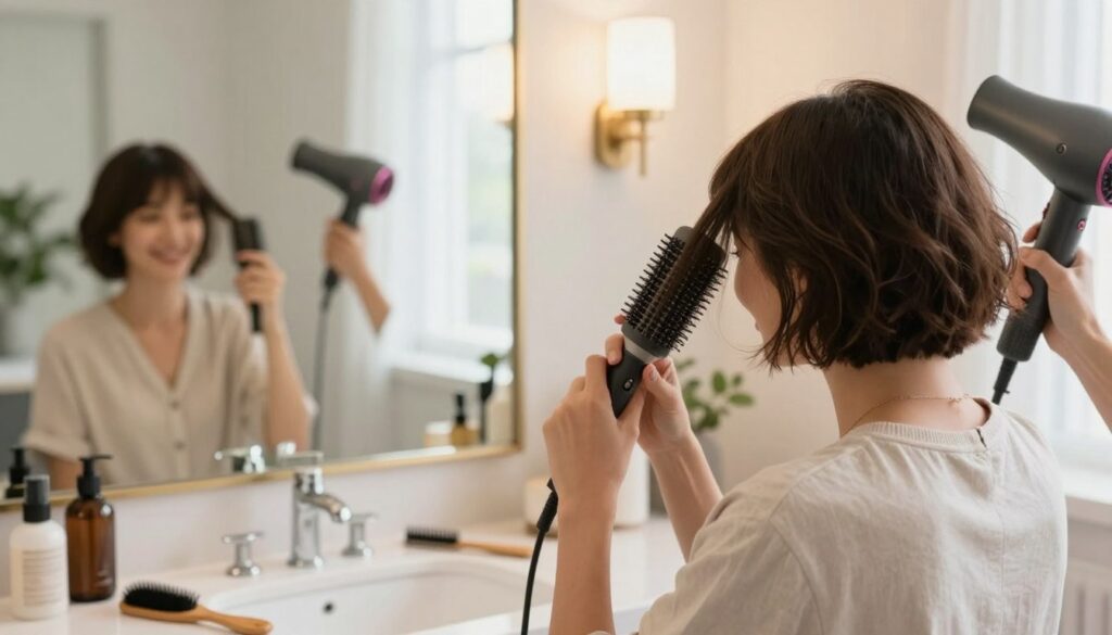A stylish bob haircut with short hair at the back, showcasing volume and texture. In the foreground, a woman with a radiant smile is gently styling her hair using a round brush and a hairdryer, dressed in modest casual attire. The middle ground features a chic, well-lit bathroom with modern styling tools on the counter, including a comb, hair products, and a mirror reflecting the scene. Natural light filters through a window, creating a warm and inviting atmosphere. In the background, subtle hints of greenery and decorative elements enhance the ambiance, conveying a sense of effortless beauty and confidence. The focus is on the hair styling process, highlighting simplicity and elegance. A stylish bob haircut with short hair at the back, showcasing volume and texture. In the foreground, a woman with a radiant smile is gently styling her hair using a round brush and a hairdryer, dressed in modest casual attire. The middle ground features a chic, well-lit bathroom with modern styling tools on the counter, including a comb, hair products, and a mirror reflecting the scene. Natural light filters through a window, creating a warm and inviting atmosphere. In the background, subtle hints of greenery and decorative elements enhance the ambiance, conveying a sense of effortless beauty and confidence. The focus is on the hair styling process, highlighting simplicity and elegance.