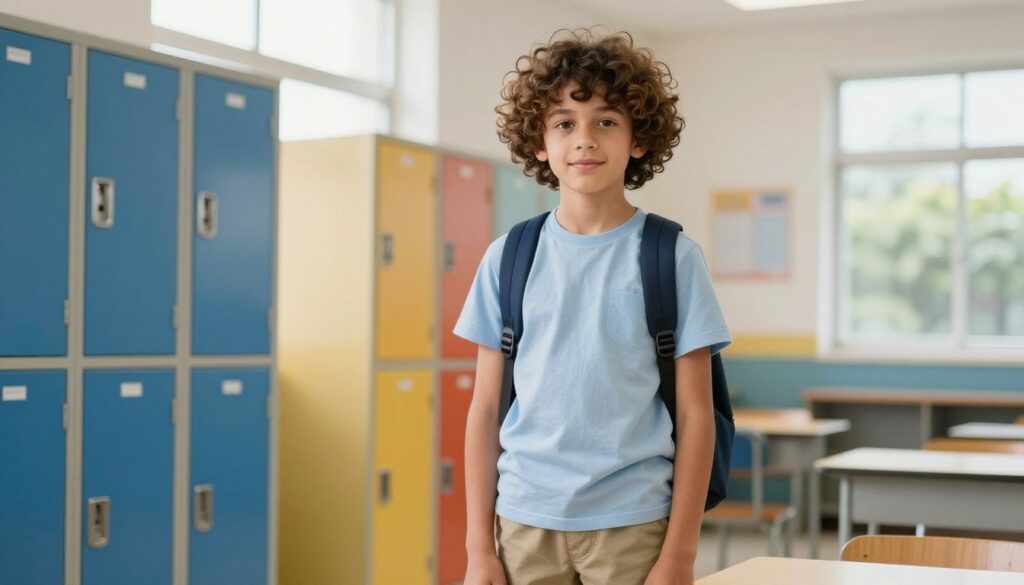 A stylish boy with semi-long, naturally curly hair, standing in a well-lit school environment. He is wearing a comfortable, casual outfit appropriate for both school and summer activities, such as a neat t-shirt and shorts. His hair has a soft bounce and natural texture, framing his face with a playful yet trendy look. The background features colorful school lockers and natural light streaming through a window, creating a vibrant and youthful atmosphere. The angle is a slight low shot, capturing the boy's confident expression as he looks towards the camera. The overall mood is lively and cheerful, emphasizing comfort and style in a school setting. A stylish boy with semi-long, naturally curly hair, standing in a well-lit school environment. He is wearing a comfortable, casual outfit appropriate for both school and summer activities, such as a neat t-shirt and shorts. His hair has a soft bounce and natural texture, framing his face with a playful yet trendy look. The background features colorful school lockers and natural light streaming through a window, creating a vibrant and youthful atmosphere. The angle is a slight low shot, capturing the boy's confident expression as he looks towards the camera. The overall mood is lively and cheerful, emphasizing comfort and style in a school setting.
