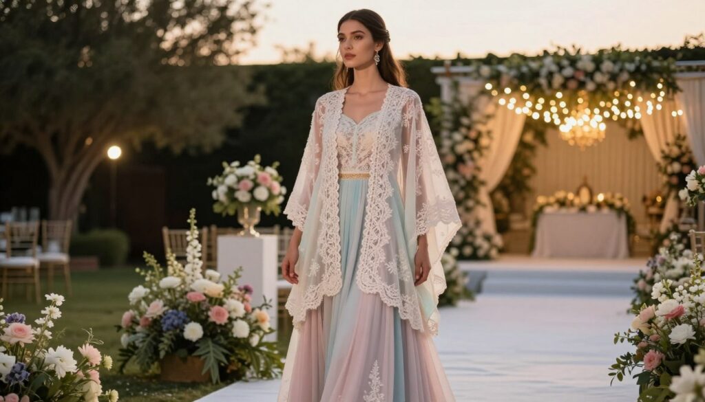 A stylish, elegant model wearing a long, flowing dress complemented by an intricately designed poncho and cardigan, standing in a picturesque outdoor wedding setting. The poncho is an airy, lightweight fabric with soft pastel colors, while the cardigan features delicate lace detailing. In the foreground, the model poses gracefully with a serene expression, showcasing the layering of the outfit. In the middle ground, lush floral arrangements and greenery enhance the romantic atmosphere. The background reveals a beautifully decorated outdoor wedding venue with twinkling fairy lights illuminating the scene during golden hour, creating a warm, enchanting glow. The mood is sophisticated and inviting, perfect for a wedding celebration. The shot is captured from a slightly elevated angle to highlight the outfit's elegance without any text or overlays.