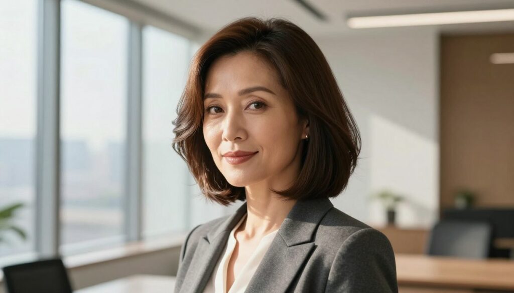 A stylish, elegant woman in her 40s showcases a long bob hairstyle that gracefully frames her face. The hair is glossy and layered, with soft waves that add volume and movement, setting a modern yet timeless tone. She is dressed in professional business attire, exuding confidence and sophistication. The setting is a well-lit, contemporary office environment, with a large window letting in natural sunlight that highlights her hair and features. The background includes minimalist decor that complements her attire and style, ensuring the focus remains on her hair and elegant demeanor. The image captures a warm, inviting atmosphere, suggesting both professionalism and approachability, ideal for women seeking a versatile, youthful hairstyle. A stylish, elegant woman in her 40s showcases a long bob hairstyle that gracefully frames her face. The hair is glossy and layered, with soft waves that add volume and movement, setting a modern yet timeless tone. She is dressed in professional business attire, exuding confidence and sophistication. The setting is a well-lit, contemporary office environment, with a large window letting in natural sunlight that highlights her hair and features. The background includes minimalist decor that complements her attire and style, ensuring the focus remains on her hair and elegant demeanor. The image captures a warm, inviting atmosphere, suggesting both professionalism and approachability, ideal for women seeking a versatile, youthful hairstyle.