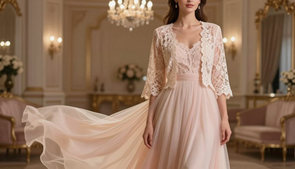 A stylish evening bolero jacket draped elegantly over a delicate, flowing evening gown. The bolero features intricate lace details and soft, pastel colors, enhancing the romantic aura of the outfit. In the foreground, focus on the texture of the jacket and the softness of the gown fabric, illuminated by gentle, warm lighting that casts a flattering glow. The middle section showcases an elegantly posed model standing in an opulent setting, like a softly lit ballroom with chandeliers and plush decor, wearing modest and refined accessories. The background includes blurred, tasteful elements of the venue, enhancing the sophistication of the scene. The mood is dreamy and elegant, perfect for a glamorous evening event. A stylish evening bolero jacket draped elegantly over a delicate, flowing evening gown. The bolero features intricate lace details and soft, pastel colors, enhancing the romantic aura of the outfit. In the foreground, focus on the texture of the jacket and the softness of the gown fabric, illuminated by gentle, warm lighting that casts a flattering glow. The middle section showcases an elegantly posed model standing in an opulent setting, like a softly lit ballroom with chandeliers and plush decor, wearing modest and refined accessories. The background includes blurred, tasteful elements of the venue, enhancing the sophistication of the scene. The mood is dreamy and elegant, perfect for a glamorous evening event.