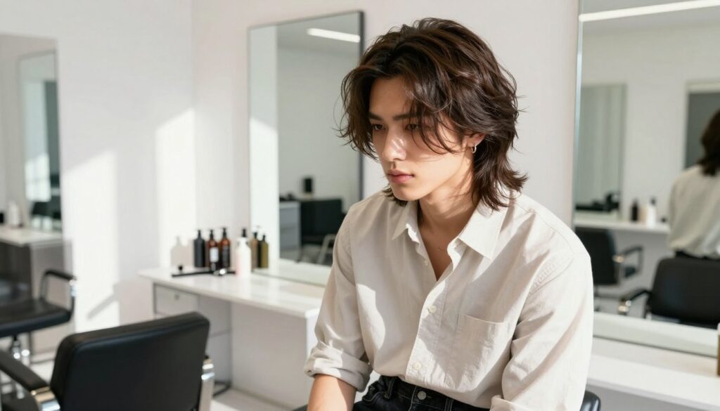A stylish, fashionable young man with medium-length hair showcasing modern, effortless hair styling techniques. He is standing in a bright, minimalist salon with sleek furniture and large mirrors reflecting the clean design. The foreground features the young man in a casual, smart outfit, light-colored shirt paired with dark jeans, exuding confidence. Sunlight streams through large windows, creating soft highlights and shadows on his hair, emphasizing volume and texture. In the background, stylist tools and hair products are neatly arranged on a counter, enhancing the professional atmosphere. The mood is fresh and vibrant, reflecting the theme of light, weightless hair styling. The composition captures a dynamic angle, focusing closely on the man's hairstyle while hinting at the surrounding stylish environment. A stylish, fashionable young man with medium-length hair showcasing modern, effortless hair styling techniques. He is standing in a bright, minimalist salon with sleek furniture and large mirrors reflecting the clean design. The foreground features the young man in a casual, smart outfit, light-colored shirt paired with dark jeans, exuding confidence. Sunlight streams through large windows, creating soft highlights and shadows on his hair, emphasizing volume and texture. In the background, stylist tools and hair products are neatly arranged on a counter, enhancing the professional atmosphere. The mood is fresh and vibrant, reflecting the theme of light, weightless hair styling. The composition captures a dynamic angle, focusing closely on the man's hairstyle while hinting at the surrounding stylish environment.
