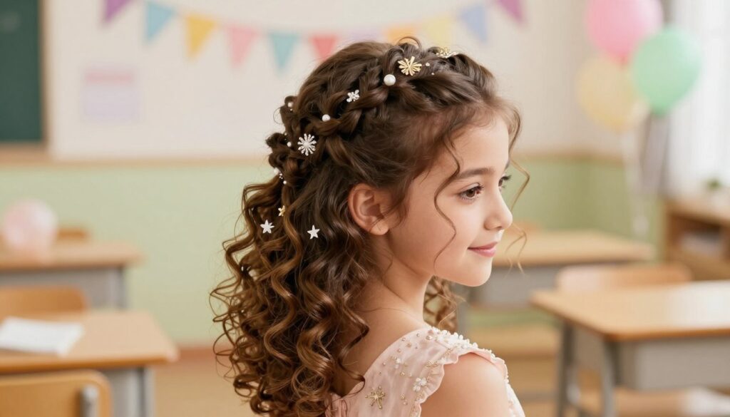 A stylish girl with beautiful and voluminous curls, adorned with decorative hair accessories, showcasing elegant updos intertwined with braids. The focus is on her radiant hairstyle, which is complemented by subtle, soft lighting to emphasize the texture and shine of the hair. She is wearing a modest yet fashionable dress suitable for a school event or a party, set against a blurred background of a warm and cheerful setting like a decorated classroom or a festive party space. The composition captures the essence of youthful exuberance and creativity, with a slight angle from above to highlight the details of the intricate hairstyles, while creating an inviting and celebratory atmosphere. A stylish girl with beautiful and voluminous curls, adorned with decorative hair accessories, showcasing elegant updos intertwined with braids. The focus is on her radiant hairstyle, which is complemented by subtle, soft lighting to emphasize the texture and shine of the hair. She is wearing a modest yet fashionable dress suitable for a school event or a party, set against a blurred background of a warm and cheerful setting like a decorated classroom or a festive party space. The composition captures the essence of youthful exuberance and creativity, with a slight angle from above to highlight the details of the intricate hairstyles, while creating an inviting and celebratory atmosphere.