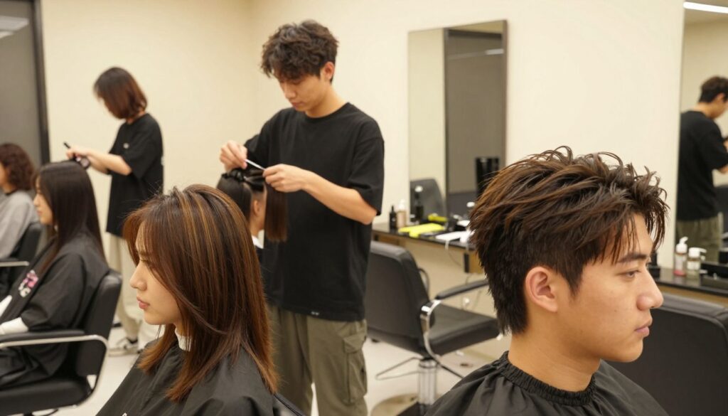 A stylish hair salon interior featuring a variety of individuals showcasing different side-part hairstyles, reflecting modern cutting techniques. In the foreground, a woman with shoulder-length hair has a sleek, polished side part, complemented by subtle highlights. Beside her, a man sports a textured, casual side-part hairstyle, embodying a contemporary look. In the middle, a stylist expertly demonstrates cutting techniques on a client’s hair, emphasizing precision. The background reveals additional hair styling stations with mirrors and a warm, inviting atmosphere created by soft overhead lighting. The overall mood is relaxed yet vibrant, emphasizing creativity and professionalism in hair design. The angle captures multiple perspectives of hairstyles, ensuring a comprehensive visual experience. A stylish hair salon interior featuring a variety of individuals showcasing different side-part hairstyles, reflecting modern cutting techniques. In the foreground, a woman with shoulder-length hair has a sleek, polished side part, complemented by subtle highlights. Beside her, a man sports a textured, casual side-part hairstyle, embodying a contemporary look. In the middle, a stylist expertly demonstrates cutting techniques on a client’s hair, emphasizing precision. The background reveals additional hair styling stations with mirrors and a warm, inviting atmosphere created by soft overhead lighting. The overall mood is relaxed yet vibrant, emphasizing creativity and professionalism in hair design. The angle captures multiple perspectives of hairstyles, ensuring a comprehensive visual experience.
