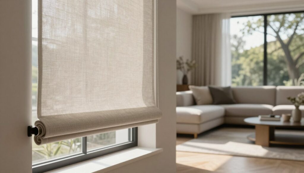 A stylish interior of a modern living room featuring fabric roller shades in a sleek cassette system. The foreground shows a close-up of the beautifully designed shades, displaying a soft, textured fabric in a neutral color, gently rolled down to provide privacy while still allowing filtered sunlight to brighten the room. In the middle ground, the cozy living space is adorned with a plush sofa and minimalist decor, evoking a warm and inviting atmosphere. The background reveals large windows with a tree-lined view, casting soft shadows from the afternoon light. The scene is lit with natural sunlight, creating a serene and comfortable ambiance, captured from a slightly low angle for a more engaging perspective. A stylish interior of a modern living room featuring fabric roller shades in a sleek cassette system. The foreground shows a close-up of the beautifully designed shades, displaying a soft, textured fabric in a neutral color, gently rolled down to provide privacy while still allowing filtered sunlight to brighten the room. In the middle ground, the cozy living space is adorned with a plush sofa and minimalist decor, evoking a warm and inviting atmosphere. The background reveals large windows with a tree-lined view, casting soft shadows from the afternoon light. The scene is lit with natural sunlight, creating a serene and comfortable ambiance, captured from a slightly low angle for a more engaging perspective.