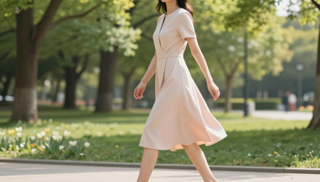 A stylish, knee-length dress in a soft pastel color, flowing gently as a woman walks confidently in a serene park setting. The foreground features her wearing a modest, professional outfit that emphasizes elegance and comfort, with her body in a dynamic walking pose. In the middle ground, vibrant green trees and softly blooming flowers create a calming atmosphere, enhancing the feeling of a warm, sunny day. The background displays a blurred path, suggesting movement and the idea of walking without any hindrance from the dress. Soft, natural lighting casts gentle shadows, promoting a peaceful mood. The angle captures the dress's design, highlighting how it stays in place, reflecting the section's focus on practical solutions. A stylish, knee-length dress in a soft pastel color, flowing gently as a woman walks confidently in a serene park setting. The foreground features her wearing a modest, professional outfit that emphasizes elegance and comfort, with her body in a dynamic walking pose. In the middle ground, vibrant green trees and softly blooming flowers create a calming atmosphere, enhancing the feeling of a warm, sunny day. The background displays a blurred path, suggesting movement and the idea of walking without any hindrance from the dress. Soft, natural lighting casts gentle shadows, promoting a peaceful mood. The angle captures the dress's design, highlighting how it stays in place, reflecting the section's focus on practical solutions.