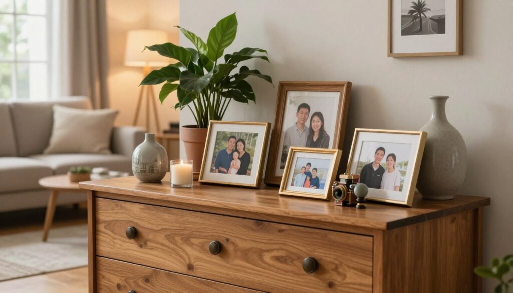 A stylish living room featuring a beautifully arranged chest of drawers, prominently displaying personal memorabilia and photographs. In the foreground, a wooden chest in a warm, natural finish holds an assortment of framed family photos, travel souvenirs, and decorative items like vases and candles. The middle of the scene includes a lush potted plant beside the chest, adding a touch of greenery. The background features a soft, inviting sofa and warm ambient lighting casting a gentle glow throughout the room. A large window allows natural light to seep in, enhancing the cozy atmosphere. The entire composition conveys a sense of comfort and personalization, illustrating how to avoid clutter while showcasing cherished memories. A stylish living room featuring a beautifully arranged chest of drawers, prominently displaying personal memorabilia and photographs. In the foreground, a wooden chest in a warm, natural finish holds an assortment of framed family photos, travel souvenirs, and decorative items like vases and candles. The middle of the scene includes a lush potted plant beside the chest, adding a touch of greenery. The background features a soft, inviting sofa and warm ambient lighting casting a gentle glow throughout the room. A large window allows natural light to seep in, enhancing the cozy atmosphere. The entire composition conveys a sense of comfort and personalization, illustrating how to avoid clutter while showcasing cherished memories.
