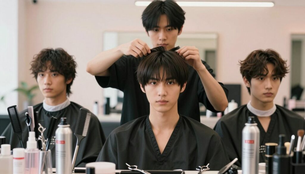 A stylish male model with a sleek fringe haircut stands at the center, showcasing various techniques for styling bangs step-by-step. In the foreground, an array of hair styling tools—combs, scissors, and sprays—are artfully arranged, glimmering under soft, natural lighting. The middle ground features the model demonstrating different methods of arranging his bangs, with each hairstyle gradually transitioning, highlighting texture and flow, capturing distinct angles. The background is softly blurred, hinting at a modern barbershop atmosphere with minimalistic décor and soft pastel colors, creating an inviting and trendy vibe. The overall mood is professional yet approachable, perfect for readers interested in hairstyle techniques. A stylish male model with a sleek fringe haircut stands at the center, showcasing various techniques for styling bangs step-by-step. In the foreground, an array of hair styling tools—combs, scissors, and sprays—are artfully arranged, glimmering under soft, natural lighting. The middle ground features the model demonstrating different methods of arranging his bangs, with each hairstyle gradually transitioning, highlighting texture and flow, capturing distinct angles. The background is softly blurred, hinting at a modern barbershop atmosphere with minimalistic décor and soft pastel colors, creating an inviting and trendy vibe. The overall mood is professional yet approachable, perfect for readers interested in hairstyle techniques.